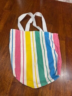 Vintage Mervyns Hayward CA Multicolor Striped Canvas Tote Bag with White Handles